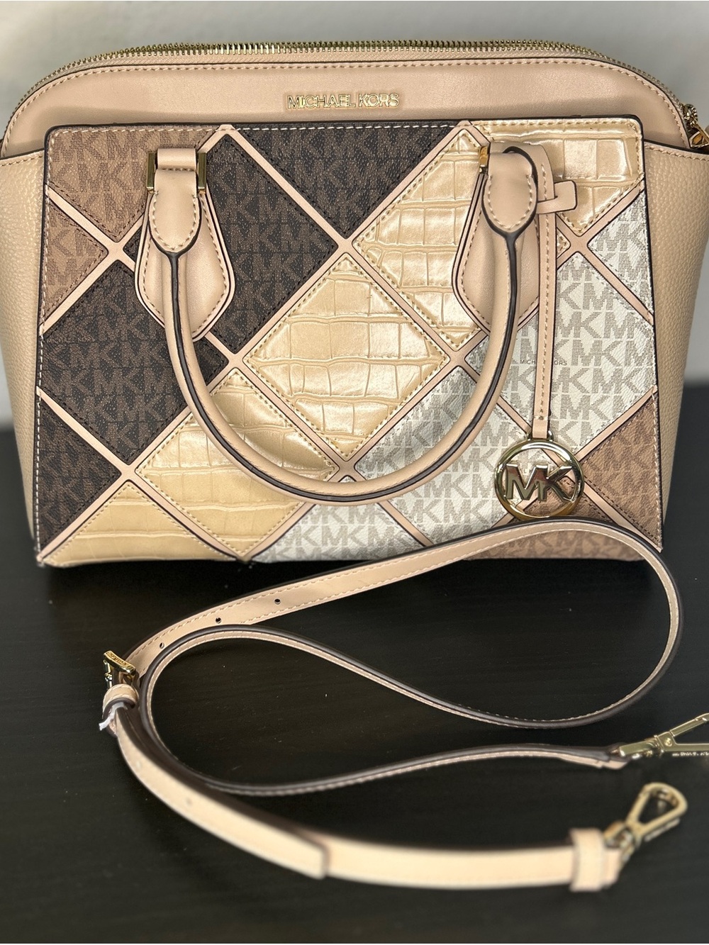 Michael Kors Neutral Patchwork Logo Satchel in Beige, Brown, Cream